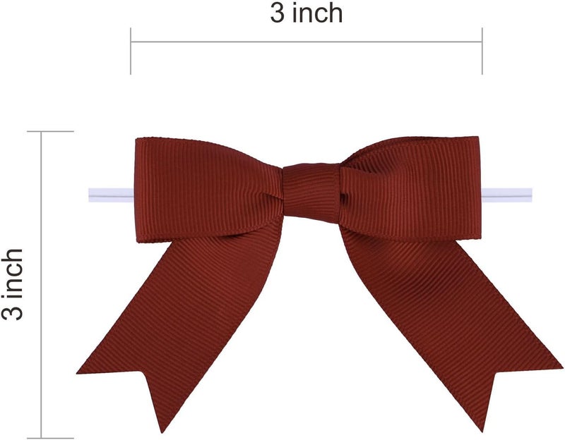 Meseey 50 Pcs 3 Inches Premade Rust Red Grosgrain Ribbon Twist Tie Bow Pretied Craft Bows for Treat Bags Gift Wrapping Basket Wedding Baby Shower Brithday Christmas Party (Rust Red) - Image 2